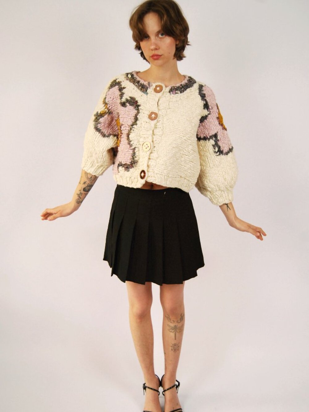 80s Chunky Knit Cardigan (L) large cream vintage womens floral abstract tinsel